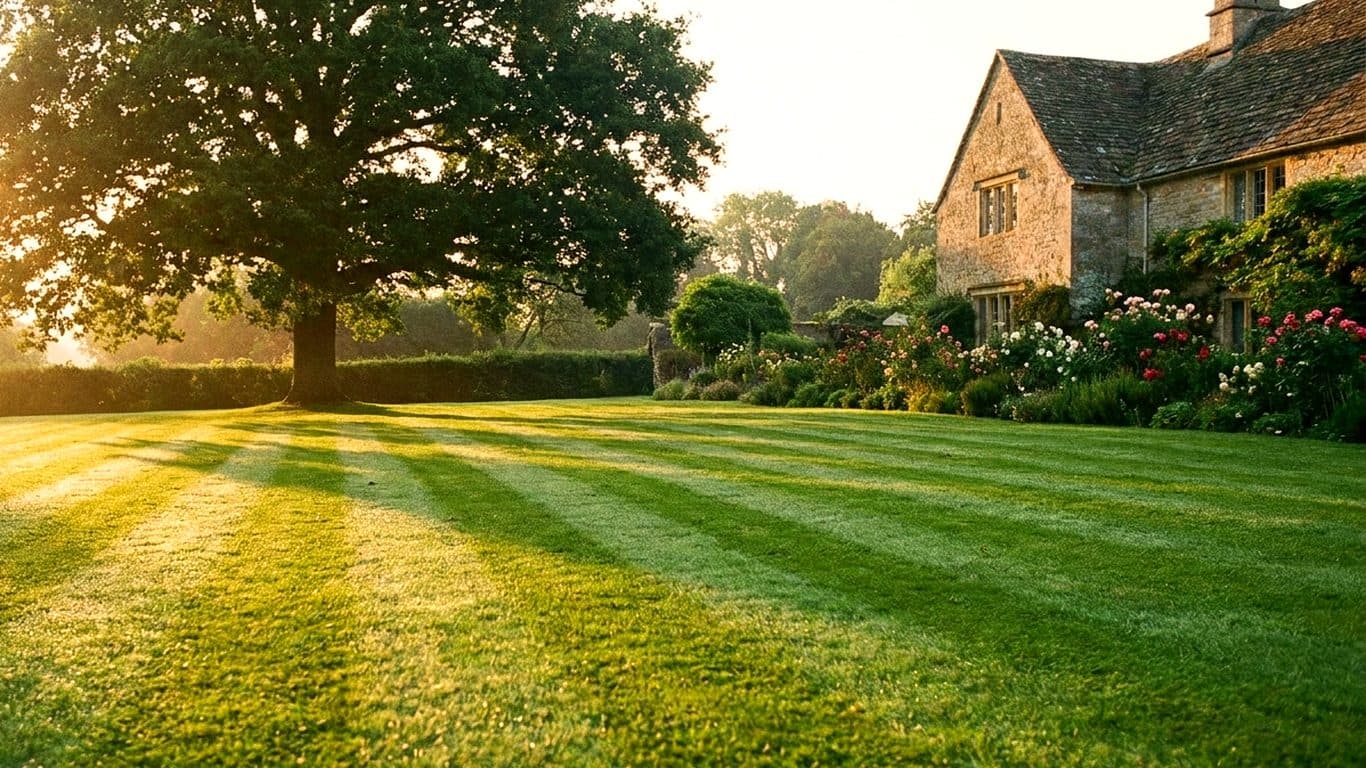 A freshly striped green lawn at golden hour beside a Norfolk stone cottage, with flower borders in full summer bloom near Norwich